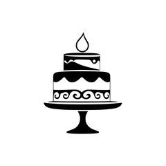 A delectable two-tiered cake, adorned with elegant swirls and a single candle, sits majestically on a cake stand, promising a delightful treat for any special occasion.
