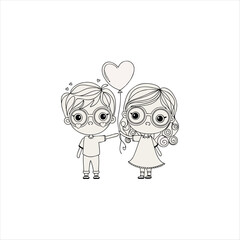 Cute Hand-Drawn Sketch of Boy and Girl Holding a Heart Balloon Romantic Doodle Illustration