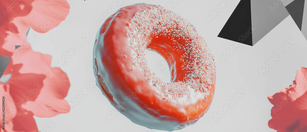 Poster minimalist collage featuring a donut with glaze and geometric shapes on a white background