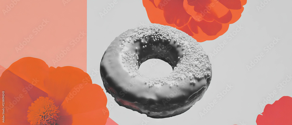 Poster minimalist collage featuring donut with glaze and flowers on a clean background