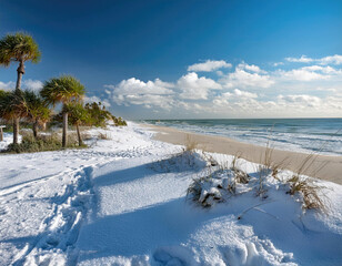 Snow covers Florida's beaches, creating a striking contrast of winter wonderland and tropical charm in a serene coastal environment