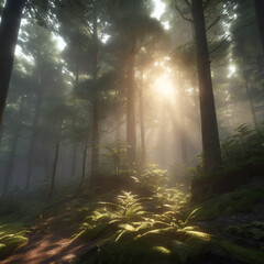 Naklejka premium Mystical Foggy Forest with Sun Rays