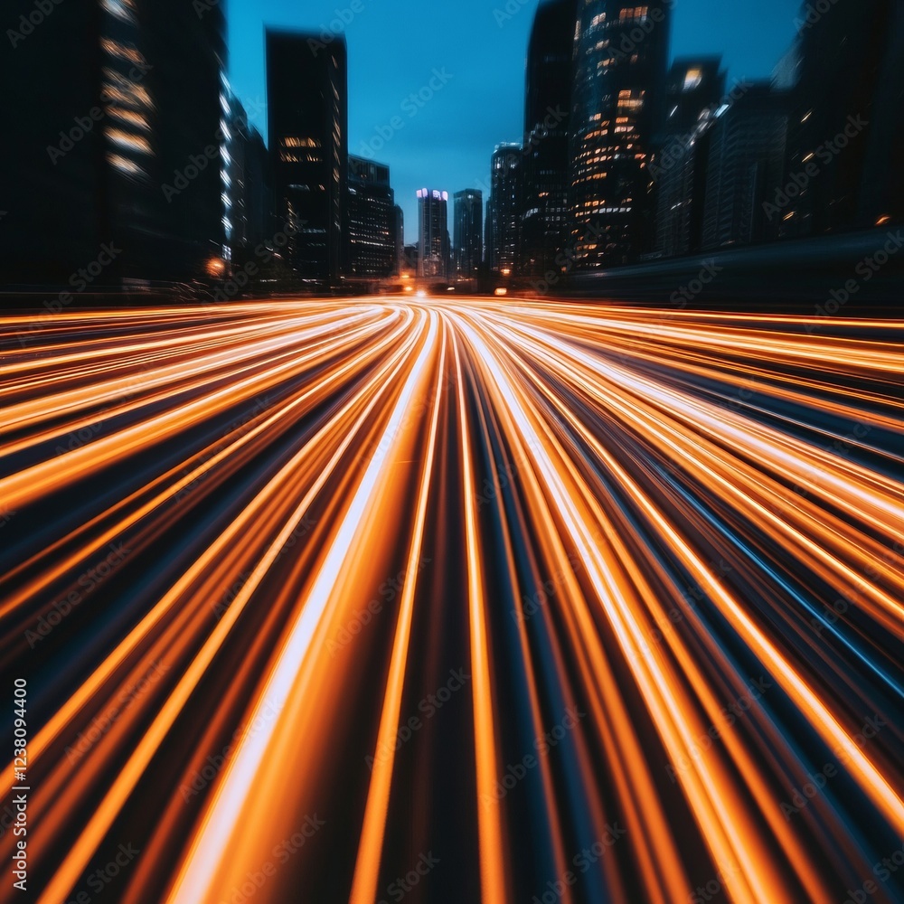 Poster Futuristic Cityscape Light Trails Illuminated Skyscrapers and Dynamic Data Lines - Smart City Visualization for Urban Infrastructure and Digital Transformation in Tech and Business Innovation