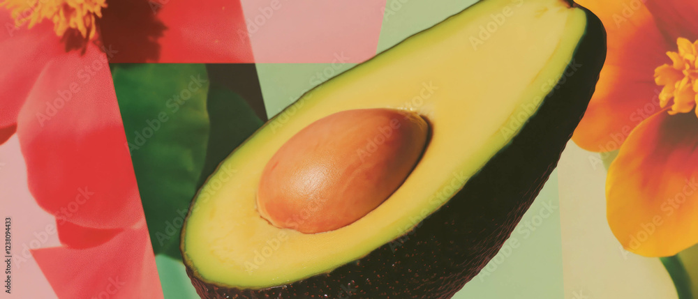 Poster minimalist collage of avocado half and floral patterns on a white background