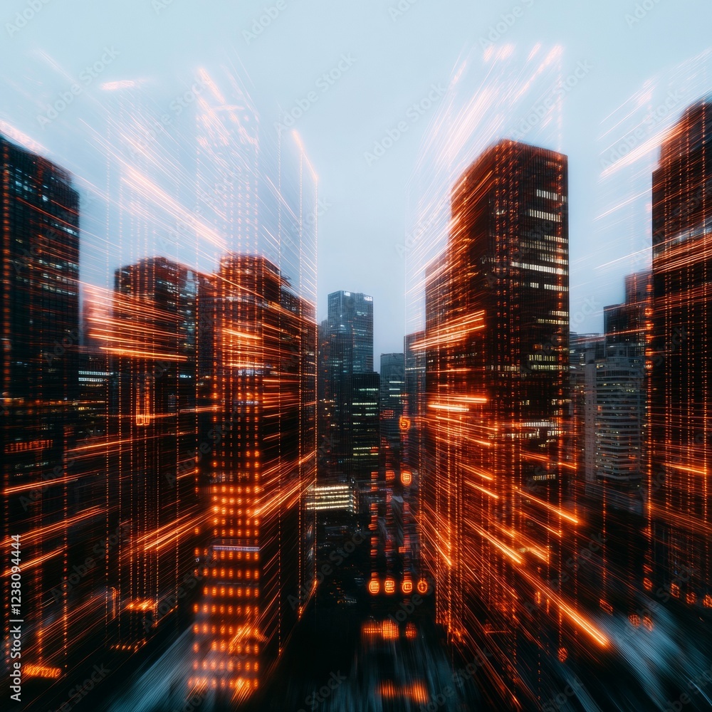 Poster futuristic digital cityscape neon-lit skyscrapers and data networks - smart urban infrastructure for