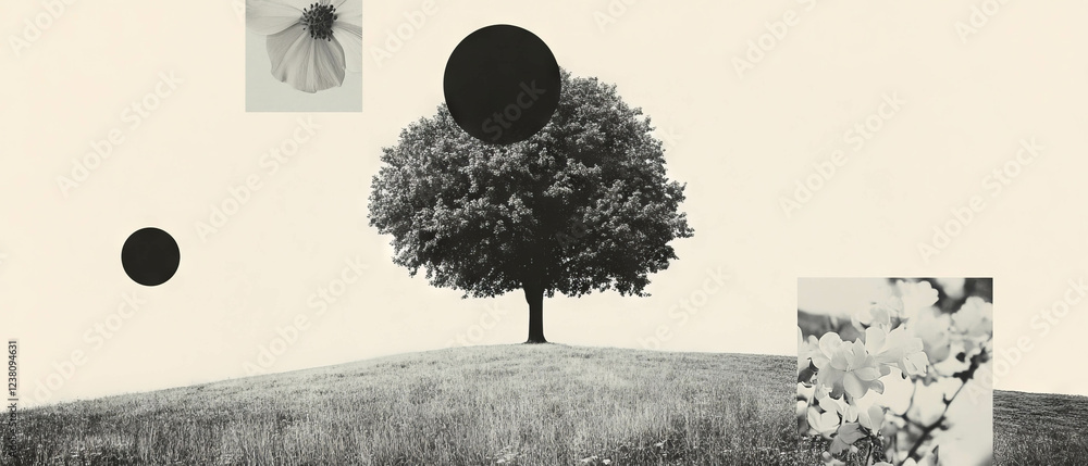 Aufkleber collage of growth showcasing seed to tree transformation with minimalist design elements