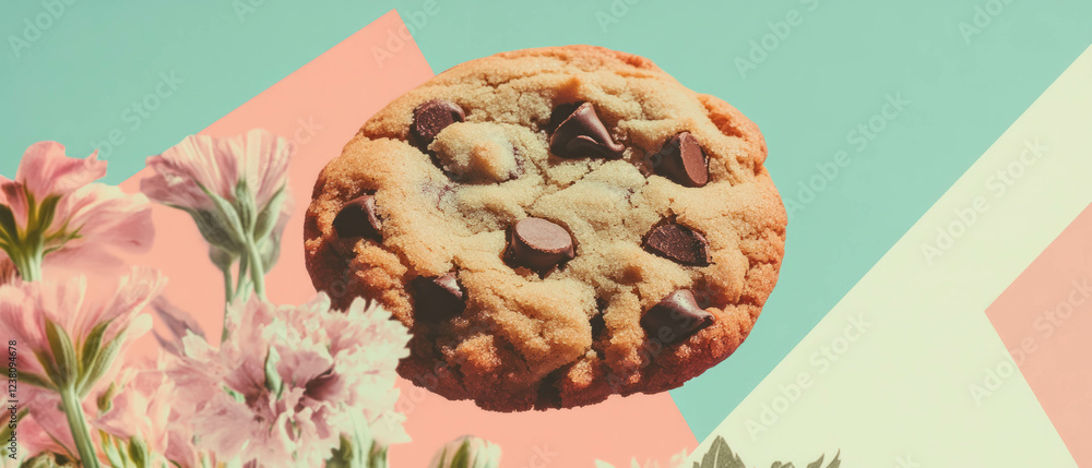 Poster minimalist collage featuring a close-up of a chocolate chip cookie surrounded by geometric shapes