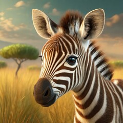 Naklejka premium Portrait of a cute little zebra with savannah in the background