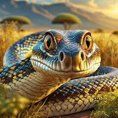 Fototapeta premium Portrait of a snake with savannah in the background