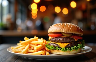 Tasty cheeseburger, french fries on plate. Delicious fast food meal. Burger with two beef patties cheese lettuce tomatoes, pickles. Food served on plate with restaurant background. Fast casual