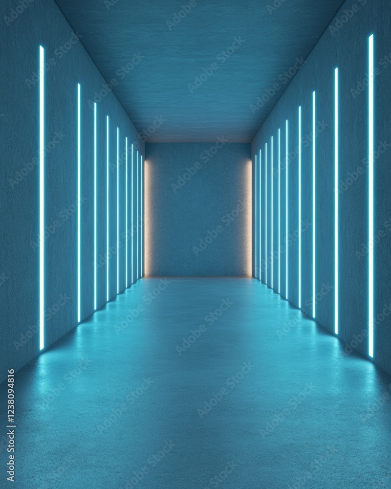Poster futuristic led corridor neon blue light panels on smooth concrete - innovative architectural design 