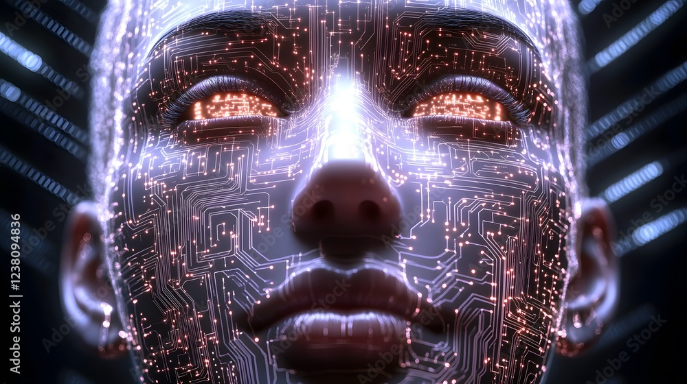 Poster a digital face illuminated by circuitry pathways