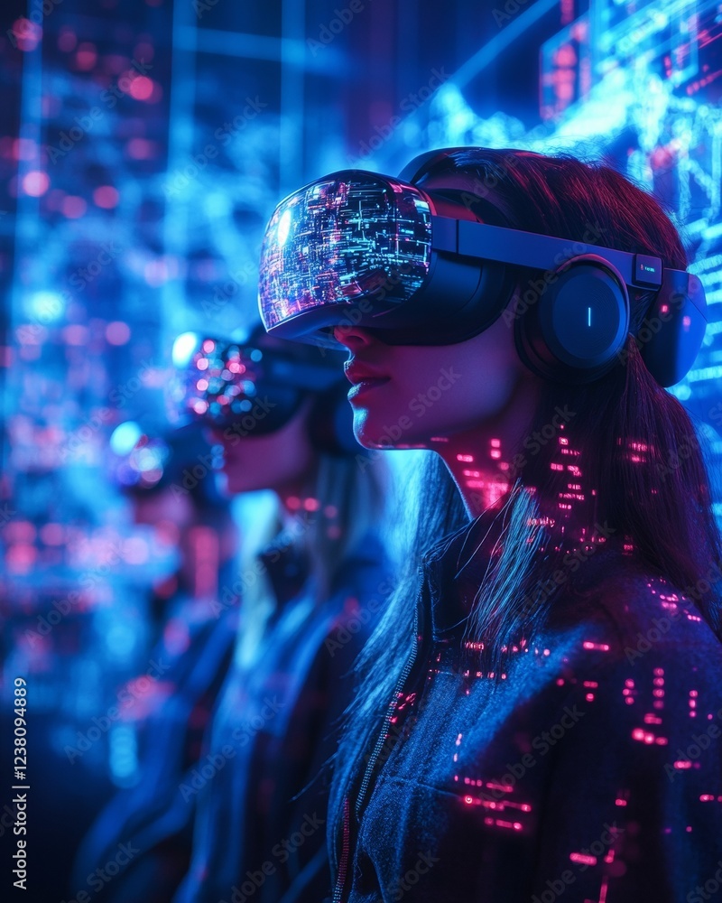 Fototapete neon-futuristic vr collaboration diverse team engaging in global project with holographic maps and i