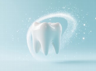 White tooth on a light blue background with a white spiral of sparkles. 3D white tooth with a glittering circle. concept for dental treatment advertising or graphic design of teeth whitening products 