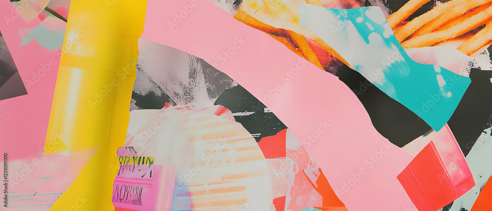 Poster Minimalistic mixed media abstract collage featuring colorful cutouts and fry containers