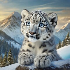 Obraz premium Portrait of a snow leopard cub with snow-capped mountains in the background