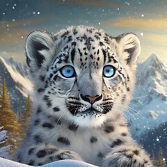 Portrait of a snow leopard cub with snow-capped mountains in the background