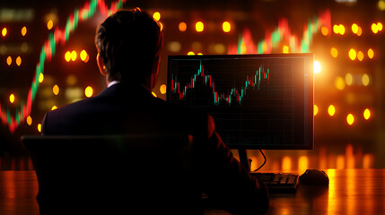 A financial analyst studying charts on a monitor, symbolizing deep focus, Realistic Photo Professional photography, Warm, soft directional lighting with diffused shadows,