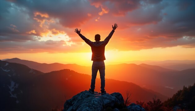 Man stands triumphant on mountain peak at sunset. Enjoys view with arms raised high. Mountain landscape stretches out below. Golden hour sun sets beautifully behind mountains. Feeling of freedom,