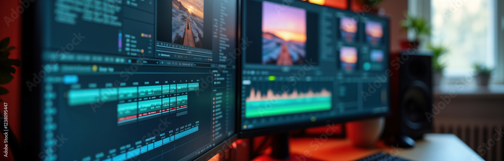 Poster professional video editing workstation with dual monitors. closeup view of editing software interfac