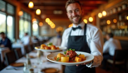 Waiter serves delicious food in restaurant. Man in uniform holds plates with tasty meal. Restaurant interior shows happy customers, warm ambiance. Pro service at special event. People enjoy delicious