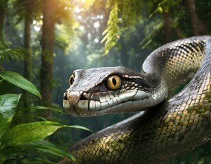 Portrait of a large snake with the rainforest in the background