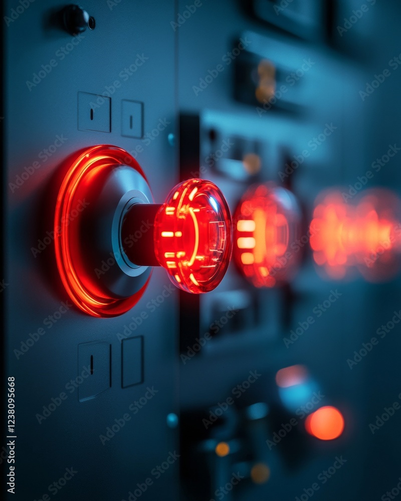 Poster Futuristic Emergency Broadcast Interface Red LED Buttons on Sleek Control Panels for Crisis Management - Cutting-Edge Tech for Integrated Response Solutions in Modern Security Operations