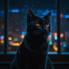 A glowing black cat with its outline reflected perfectly in the glass of the window, neon lights swirling around it like a halo.