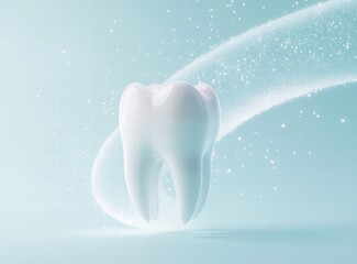 White tooth on a light blue background with a white spiral of sparkles. 3D white tooth with a glittering circle. concept for dental treatment advertising or graphic design of teeth whitening products 