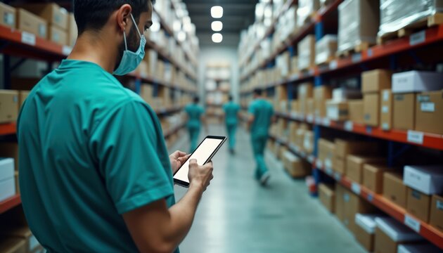 Medical professionals in warehouse use tablets for inventory management. Track medical equipment, supplies in well-organized facility. Efficiency, automation key in tech-driven health care logistics