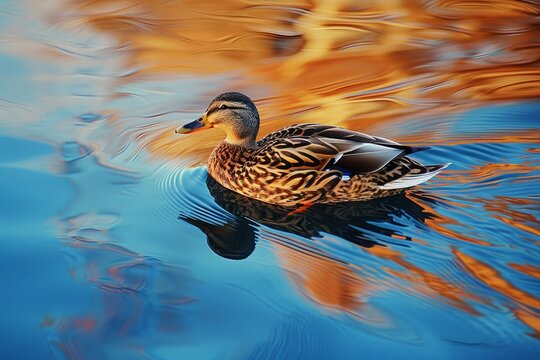 mallard female duck swimming in the winter. Nice blue water ripples in the lake. Full water reflection in Lafarge Lake, Coquitlam, British Columbia, Canada. Orange leg visible under water. Brown