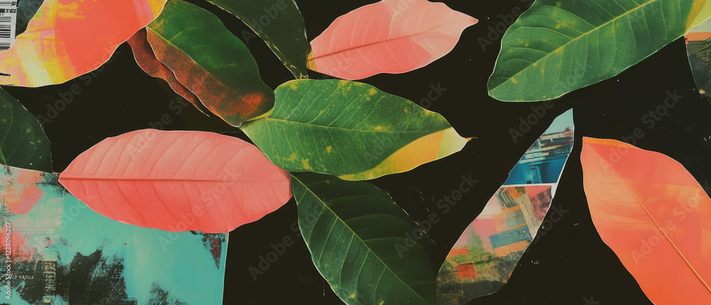 Poster dynamic minimalistic mixed media collage featuring vibrant leaves and colorful textures