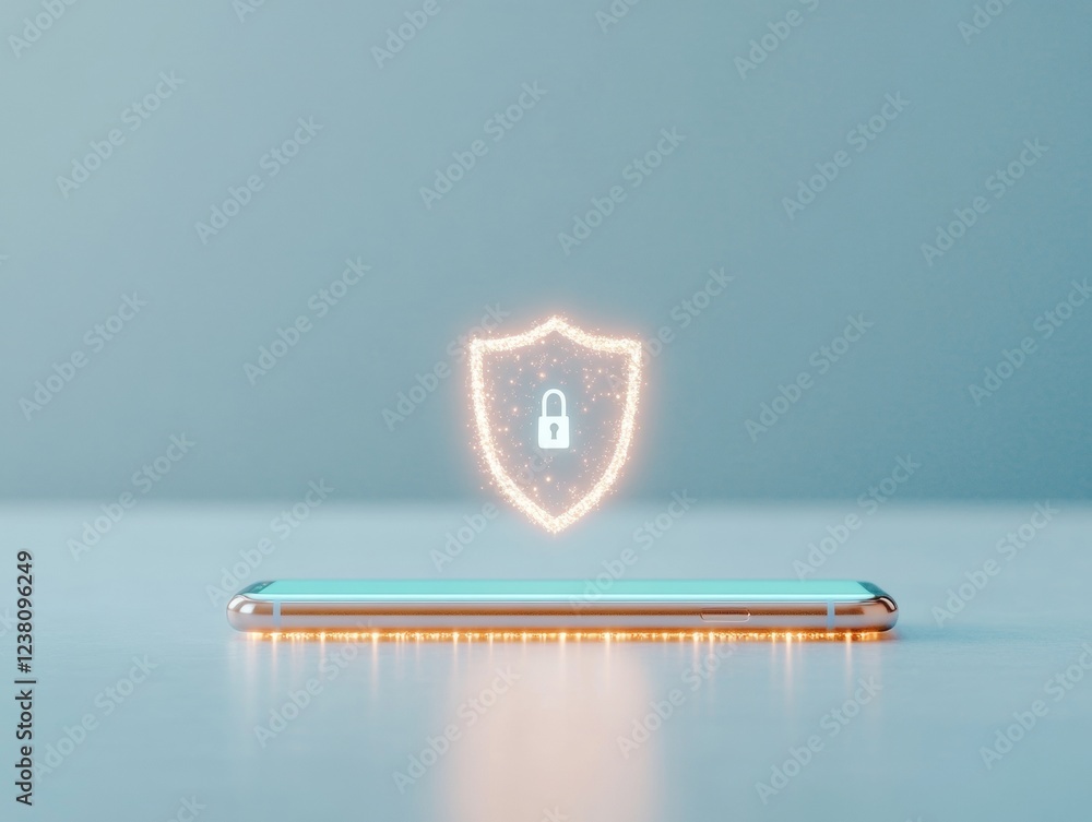 Aufkleber Cyber Aesthetic Digital Shield Hovering Over Sleek Smartphone on Minimalist Desk Enhancing Cybersecurity for Modern Mobile-First Business Platforms