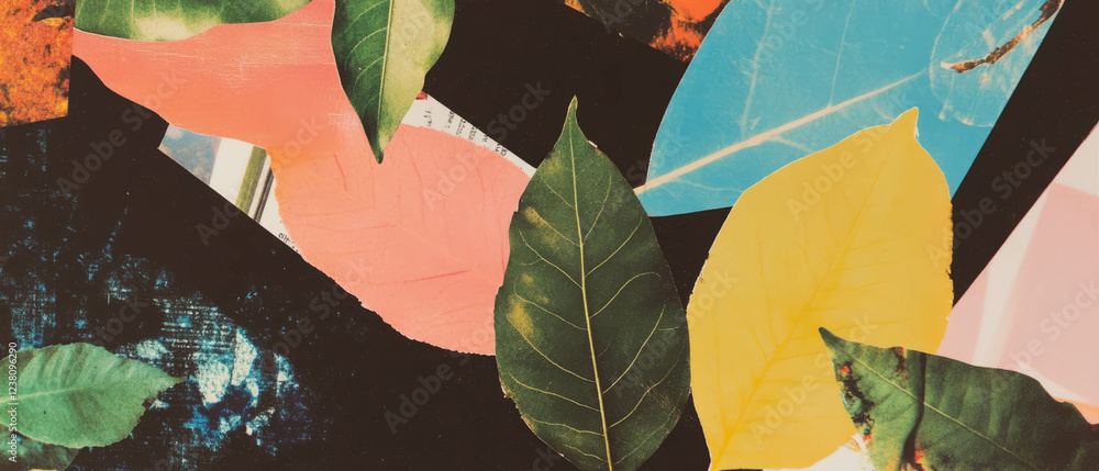 Poster dynamic minimalistic mixed media collage featuring colorful leaves and textures on black background
