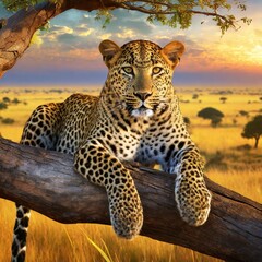 Naklejka premium Portrait of a leopard lying on a tree branch with the African savannah in the background