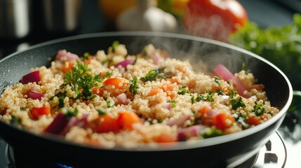 Homecook Prepares Quinoa Salad Kitchen Professional Photo Culinary Environment Close-up View Healthy Eating Concept