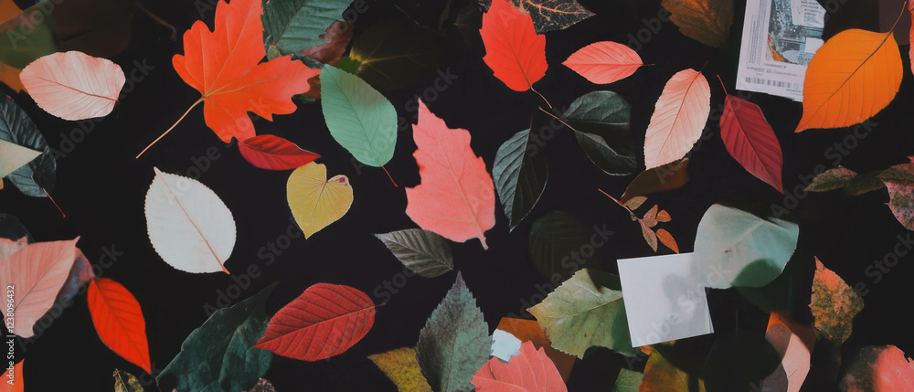 Poster minimalistic mixed media collage of colorful leaves and textures on a black background