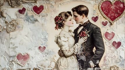 Vintage romantic couple embrace with hearts and roses