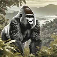 Naklejka premium Portrait of an adult mountain gorilla with the rainforest in the background