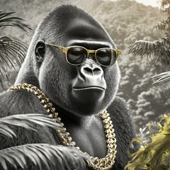 Portrait of an adult mountain gorilla wearing sunglasses and a gold necklace around his neck with the rainforest in the background