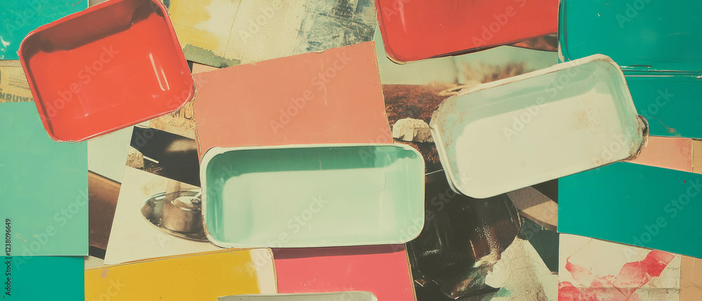 Poster minimalistic mixed media collage with colorful paper and empty food containers