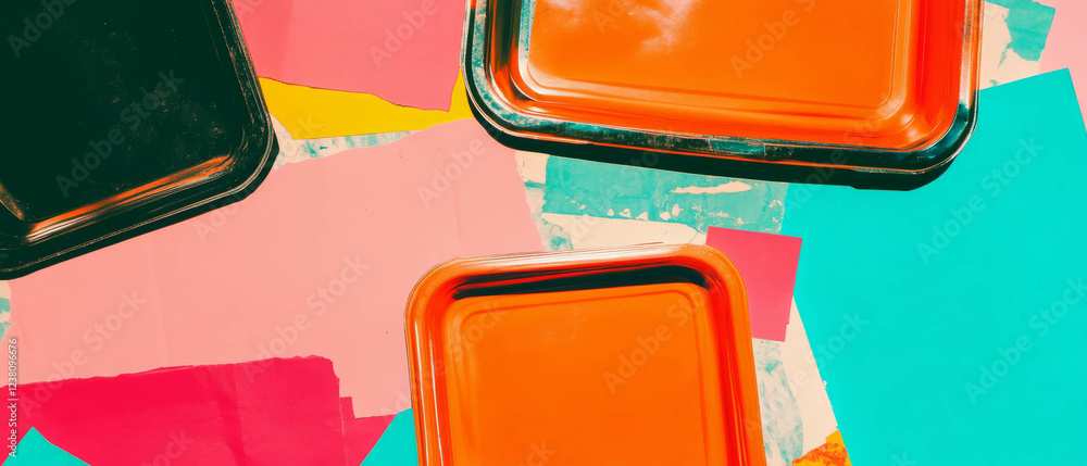 Poster Minimalistic mixed media collage featuring empty food containers on colorful paper backdrop