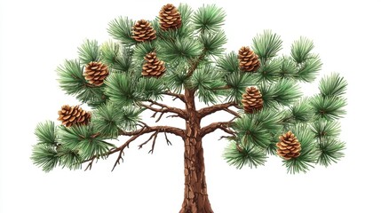 Detailed Illustration of a Pine Tree with Pine Cones on Branches