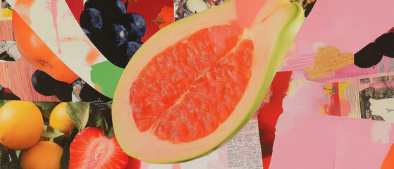 Playful mixed media collage featuring fruit shapes and colorful textures in a minimalistic design