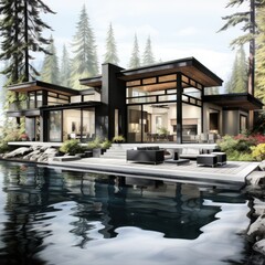 Obraz premium Architectural Sketch of a Century Modern Alaskan Cabin in the Wilderness