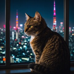 A cat sitting on a windowsill, with neon signs flickering across its fur as Tokyo&rsquo;s skyscrapers glow in the background.
