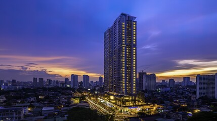 Naklejka premium A towering glass skyscraper stands amidst a bustling cityscape, bathed in golden hour light, evoking urban elegance and modern grandeur