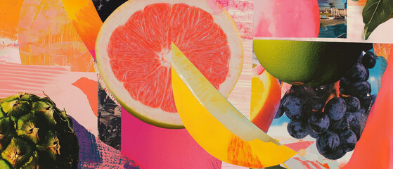 Colorful mixed media collage featuring vibrant fruit labels and textured backgrounds