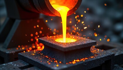 Molten metal pours into mold. Hot liquid metal flows into prepared casting mold. Glowing sparks fly in air. Industrial metallurgical process. Metalwork. Metallurgical process. Production of metal