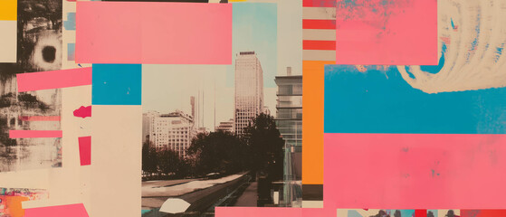 Minimalistic mixed media collage showcasing city grids and colorful textures